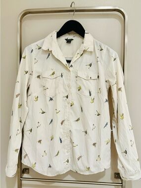 Eddie Bauer White Button-Down Shirt with Multicolor Bird Print